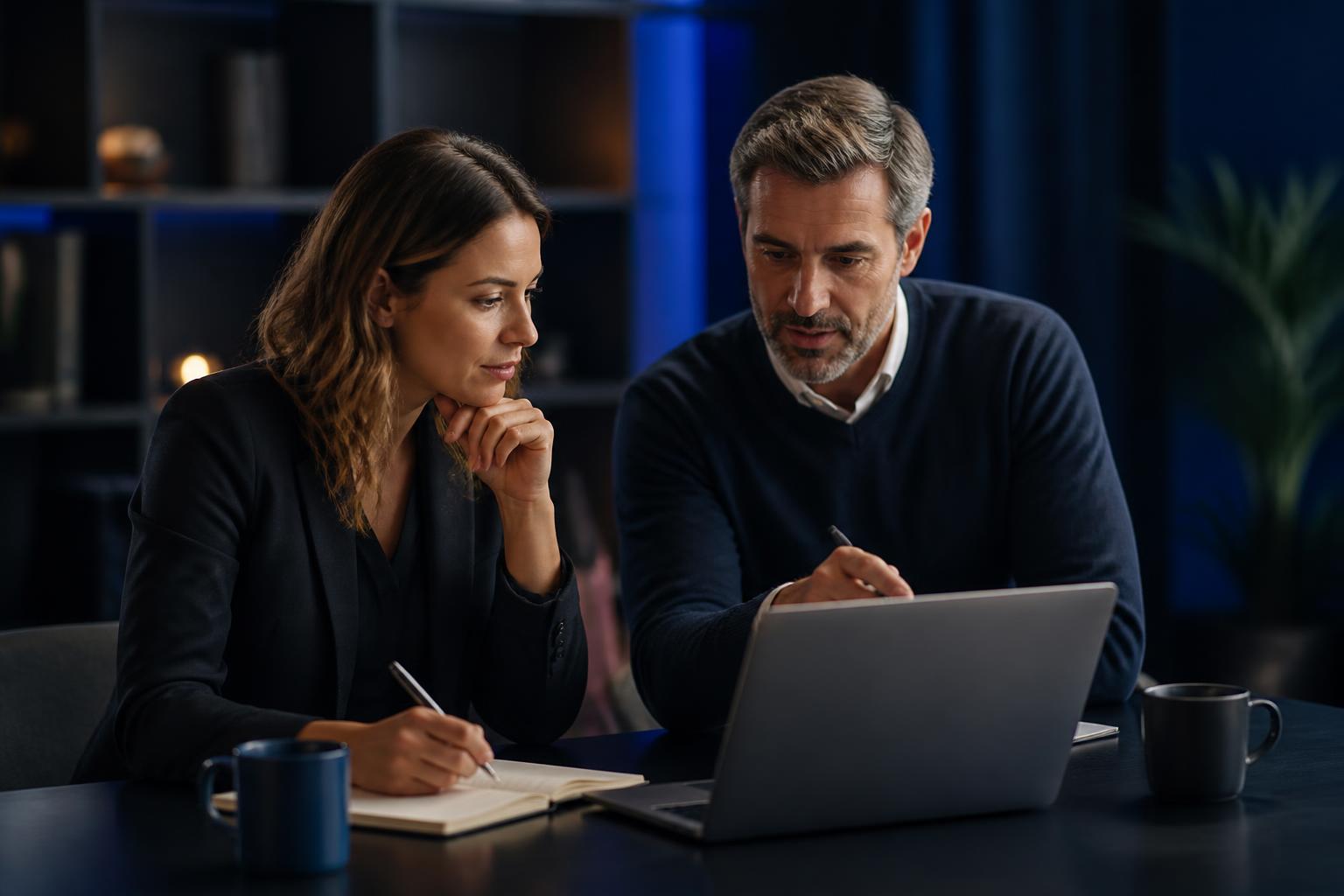 Deux personnes travaillant ensemble sur une stratégie LinkedIn devant un ordinateur