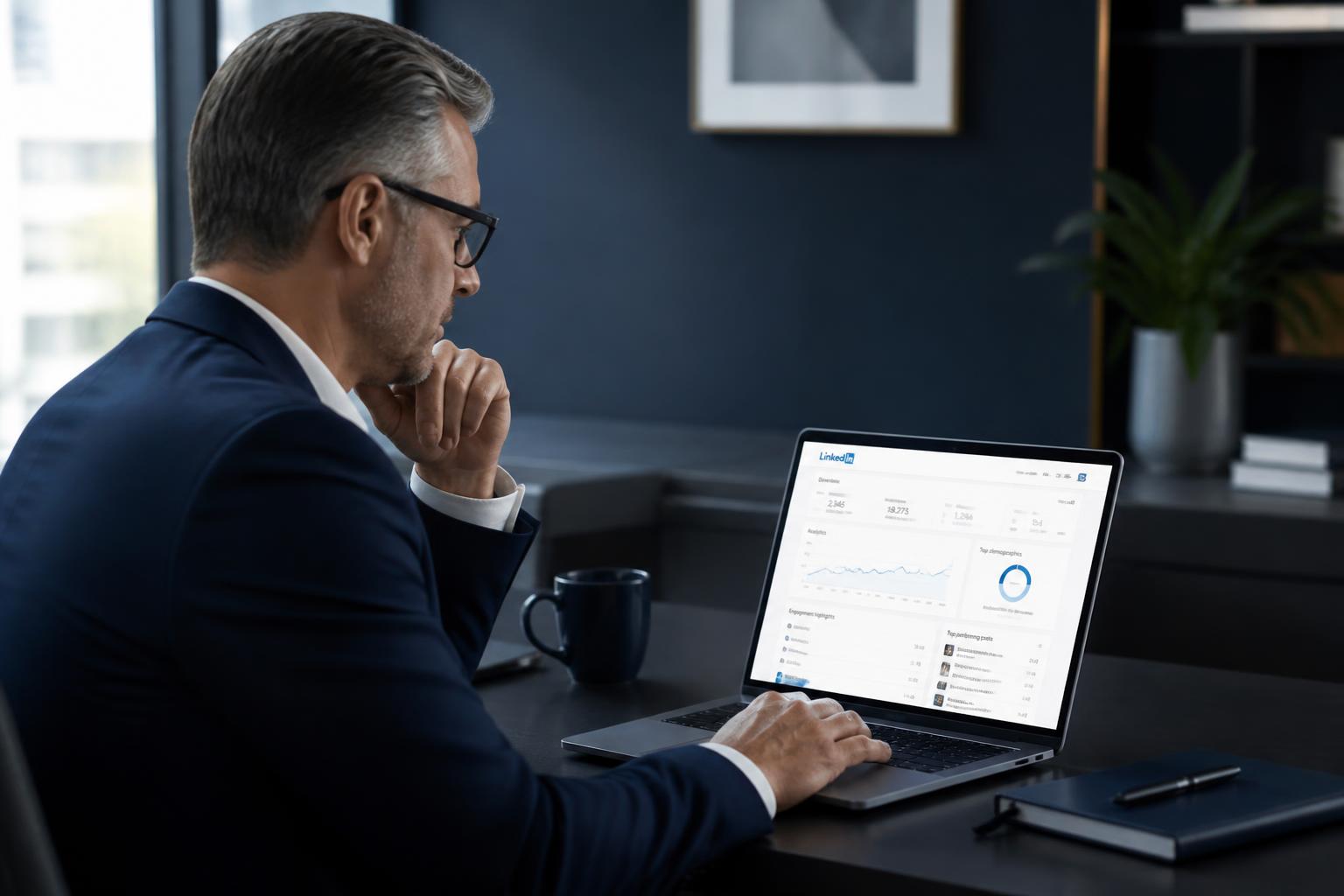 Dirigeant consultant les statistiques de son compte LinkedIn sur un ordinateur portable
