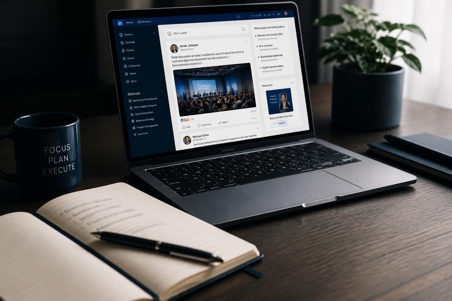 Carnet de notes ouvert à côté d'un ordinateur affichant le fil LinkedIn