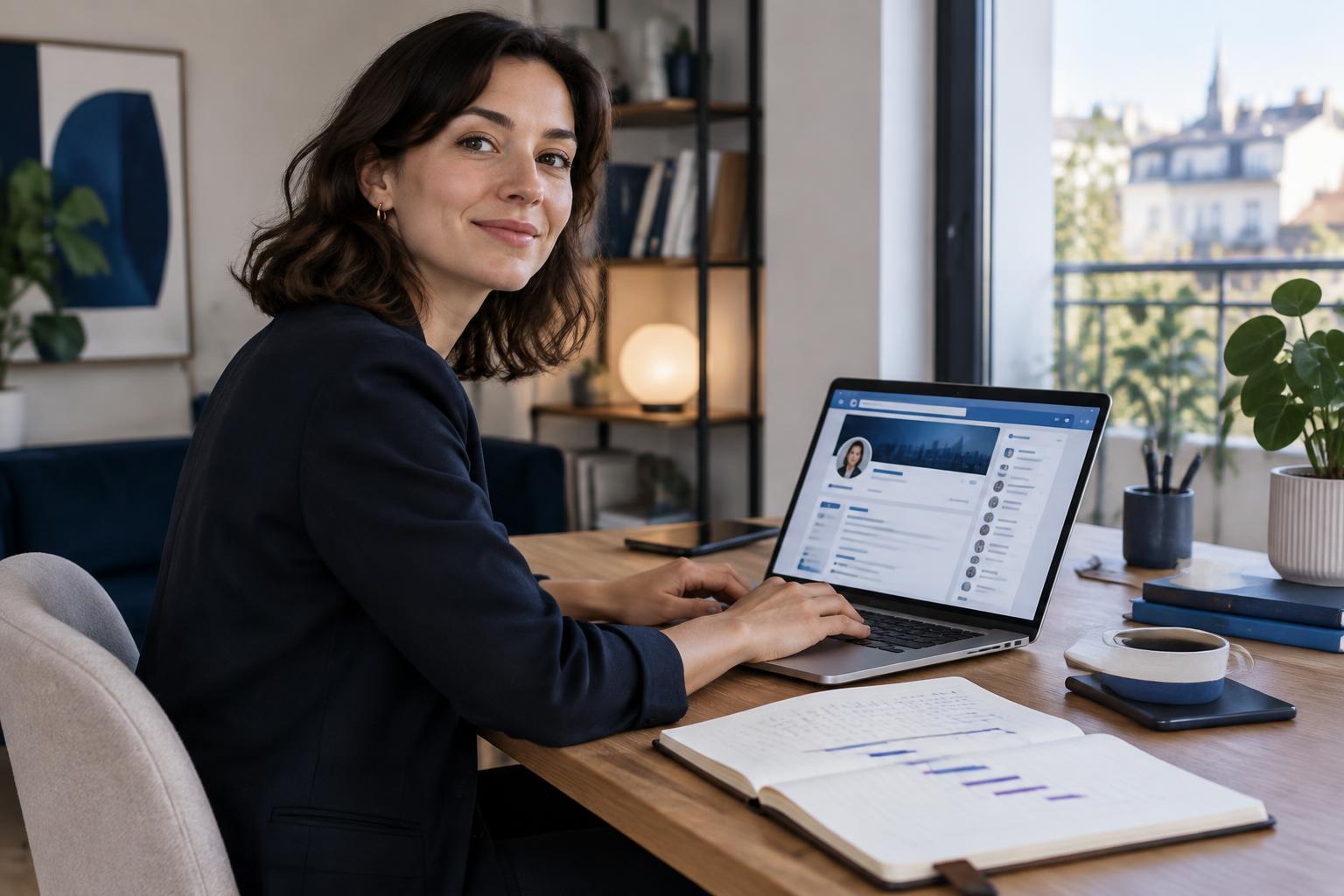Freelance travaillant sur son ordinateur avec son profil LinkedIn ouvert