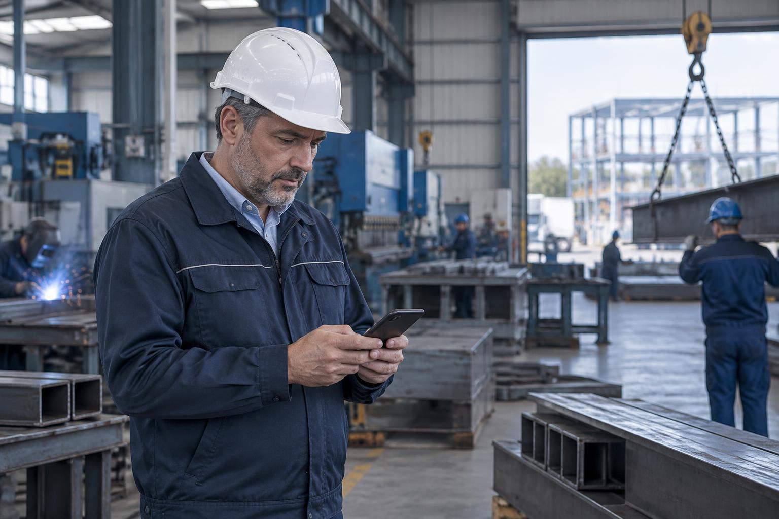 Dirigeant d'entreprise industrielle consultant LinkedIn sur un site de production