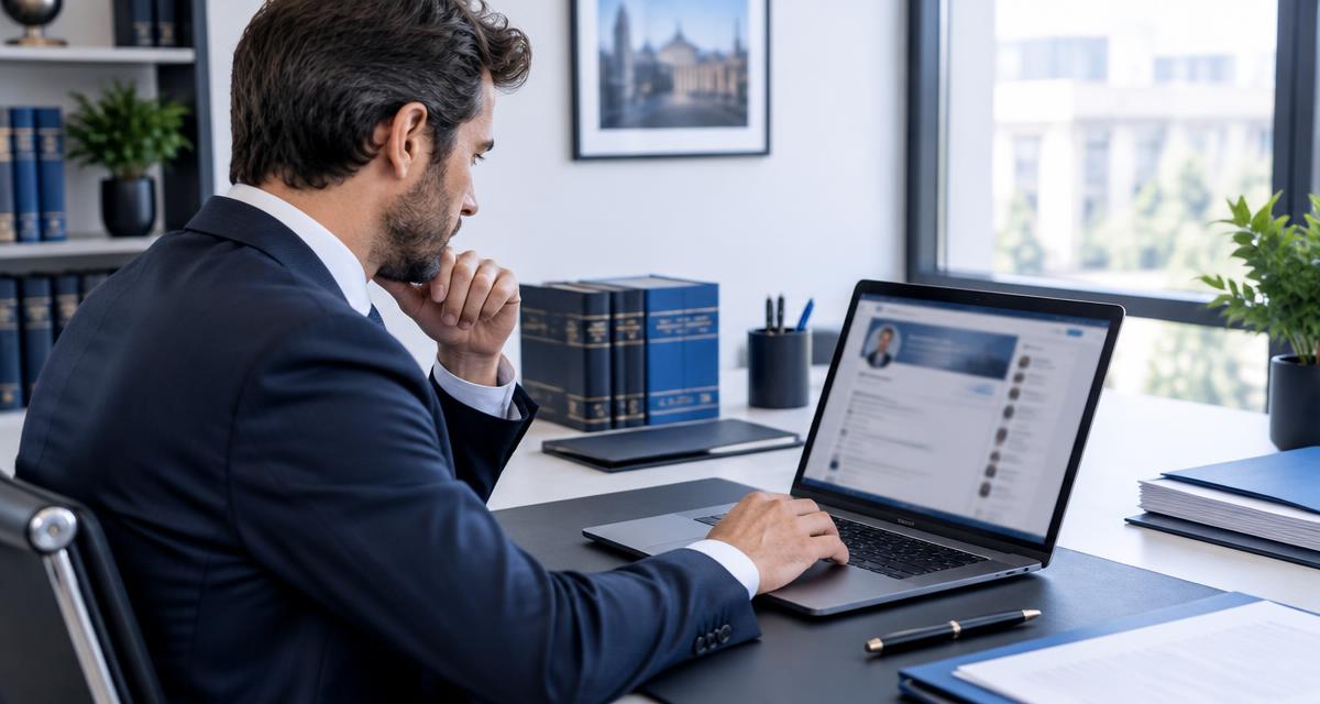 Professionnel du droit consultant son profil LinkedIn à son bureau
