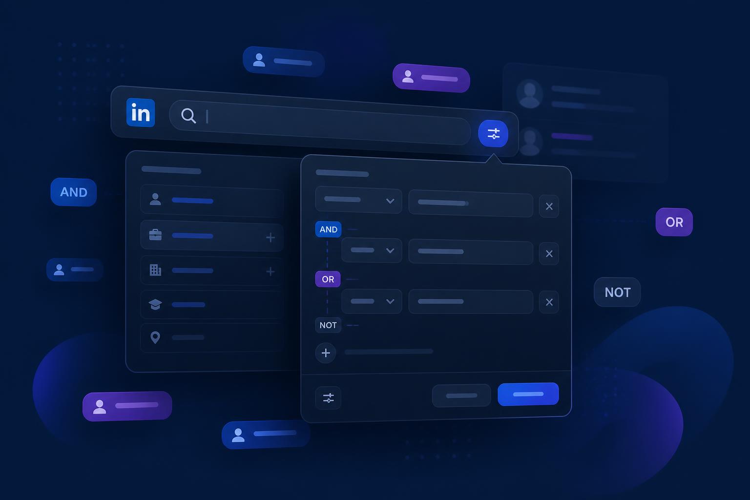 Barre de recherche LinkedIn avec filtres avancés ouverts