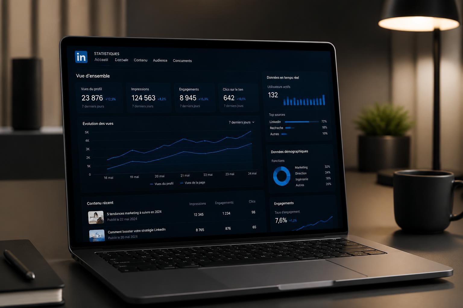 Tableau de bord de statistiques LinkedIn affiché sur un ordinateur