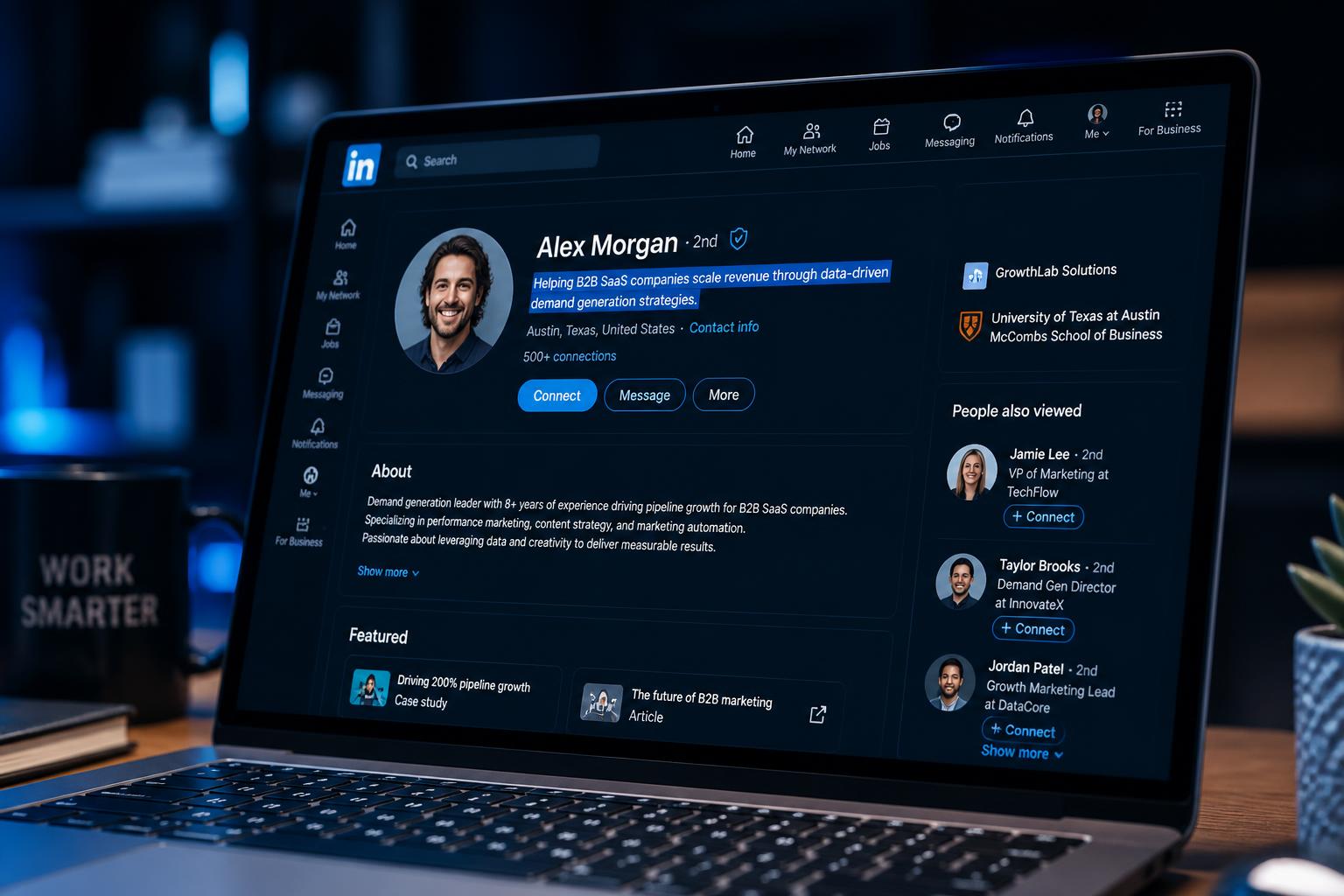 Profil LinkedIn affiché sur un écran, titre professionnel mis en évidence