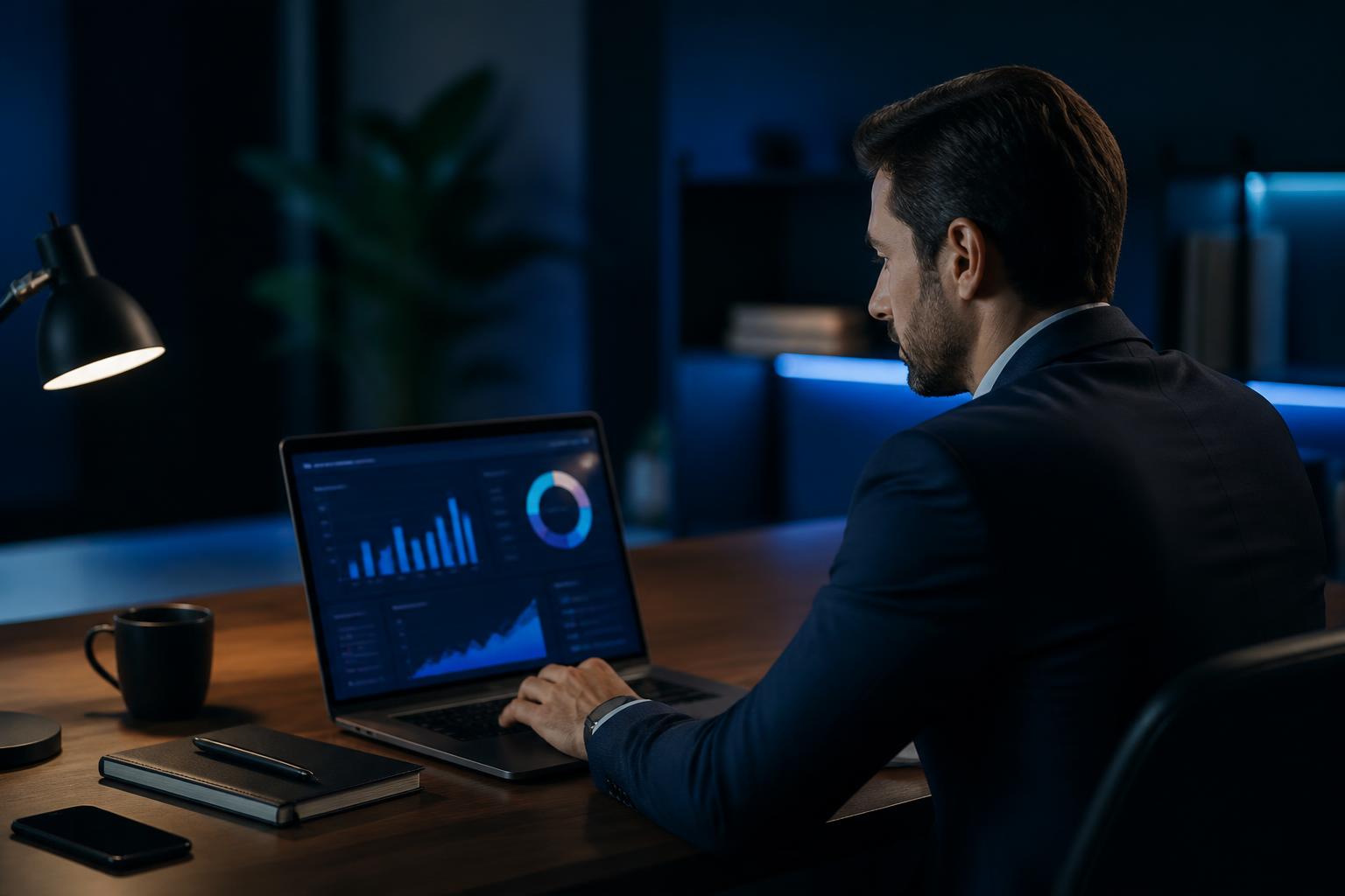 Dirigeant analysant son tableau de bord d'acquisition client sur LinkedIn